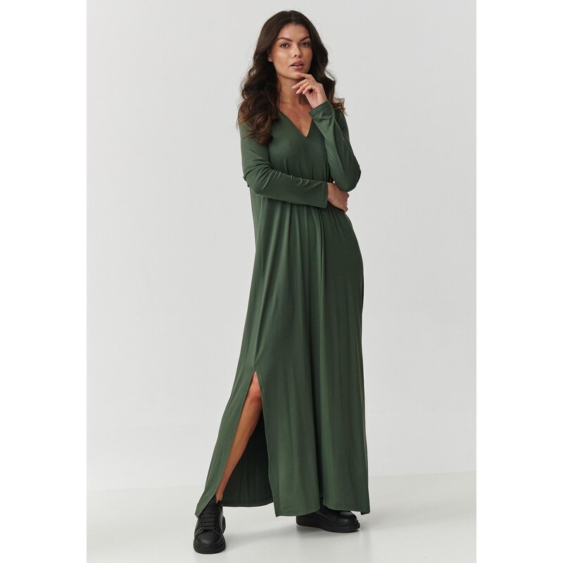 Makadamia Viskózové maxi šaty s rozparkami | khaki M895 65298893