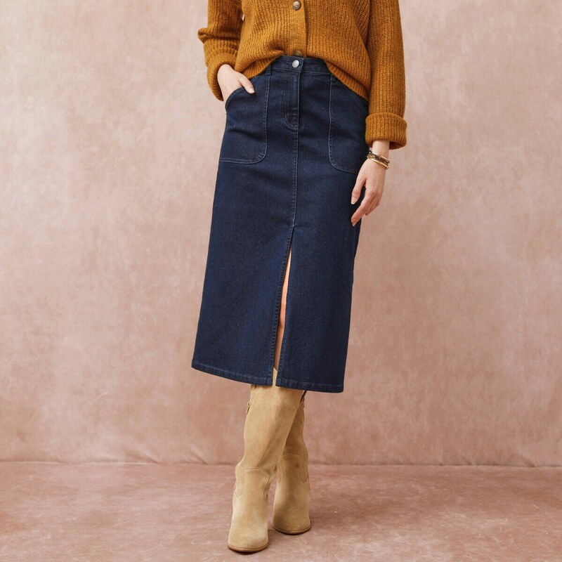 Midi sukňa s vreckami a rozparkom vpredu tmavomodrá 054 Blancheporte 65301230