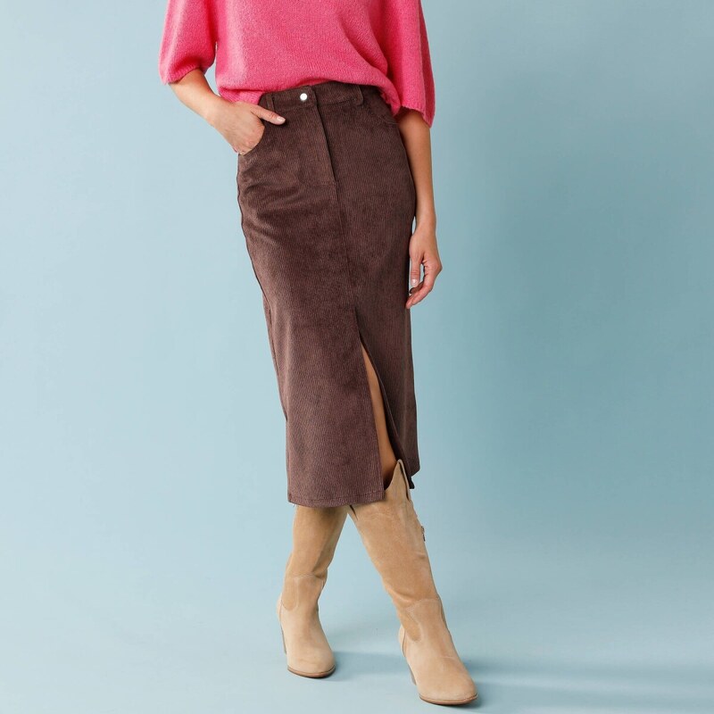 Dlhá menčestrová sukňa, pre nižšiu postavu čokoládová 048 Blancheporte 65312666