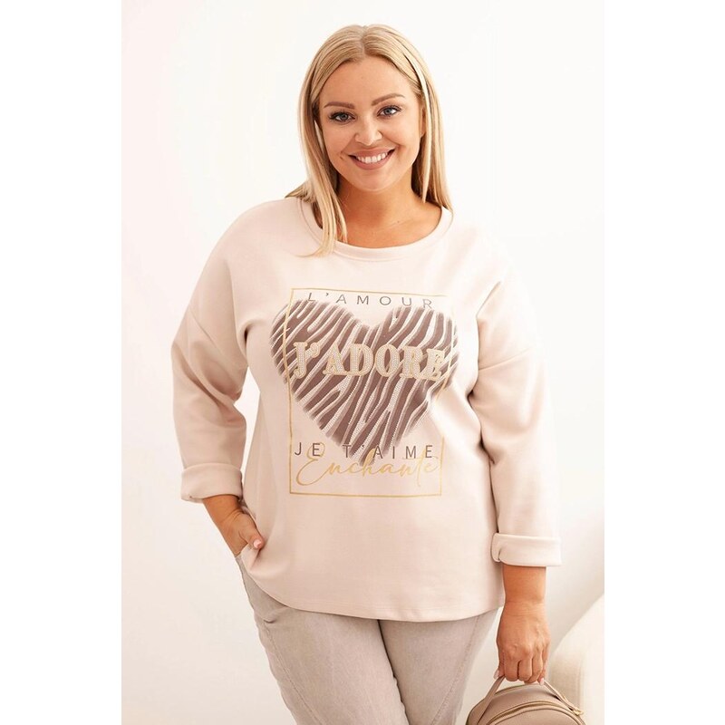 MladaModa Oversize mikina s potlačou s kamienkami model 21771 béžová 65626723