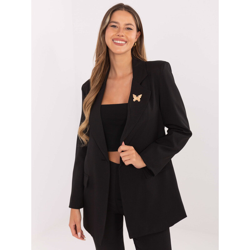 RUE PARIS Čierne dámske sako s brošňou a imitáciou vreciek IT-MA 66150252