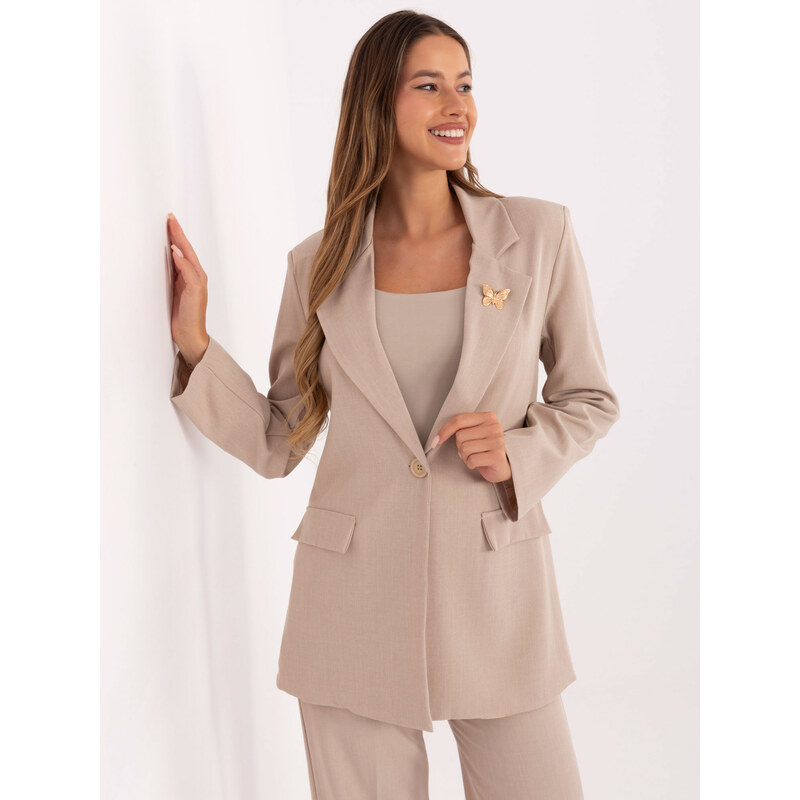 RUE PARIS Béžové dámske sako s brošňou a imitáciou vreciek IT-MA 66150253