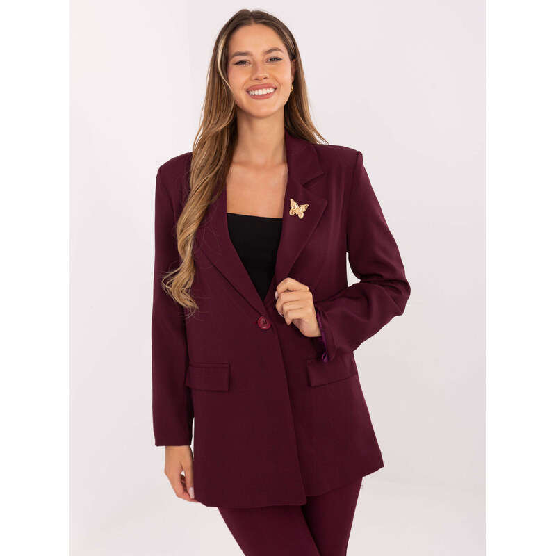 RUE PARIS Vínové dámske sako s brošňou a imitáciou vreciek IT-MA 66150254
