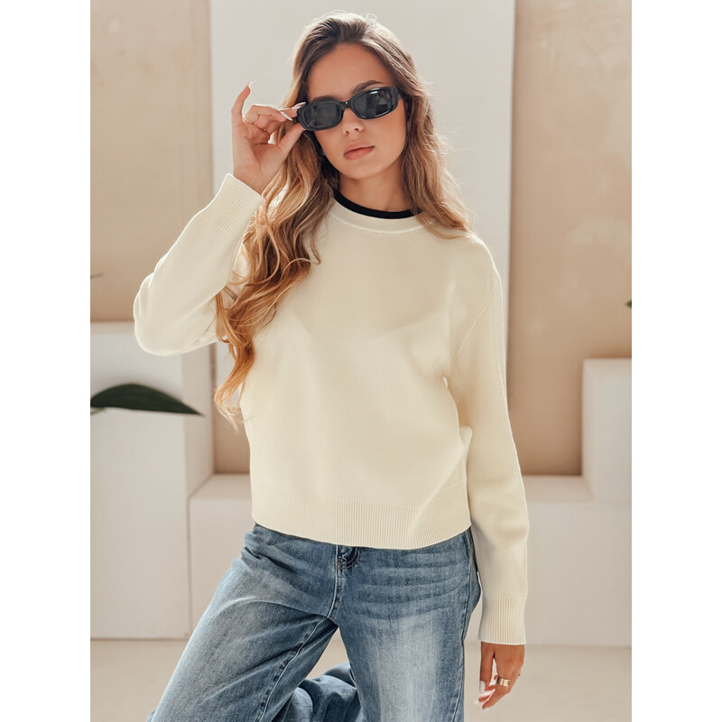 BASIC Smotanový dámsky sveter s kontrastným lemom DARMILA MY2506 65351105