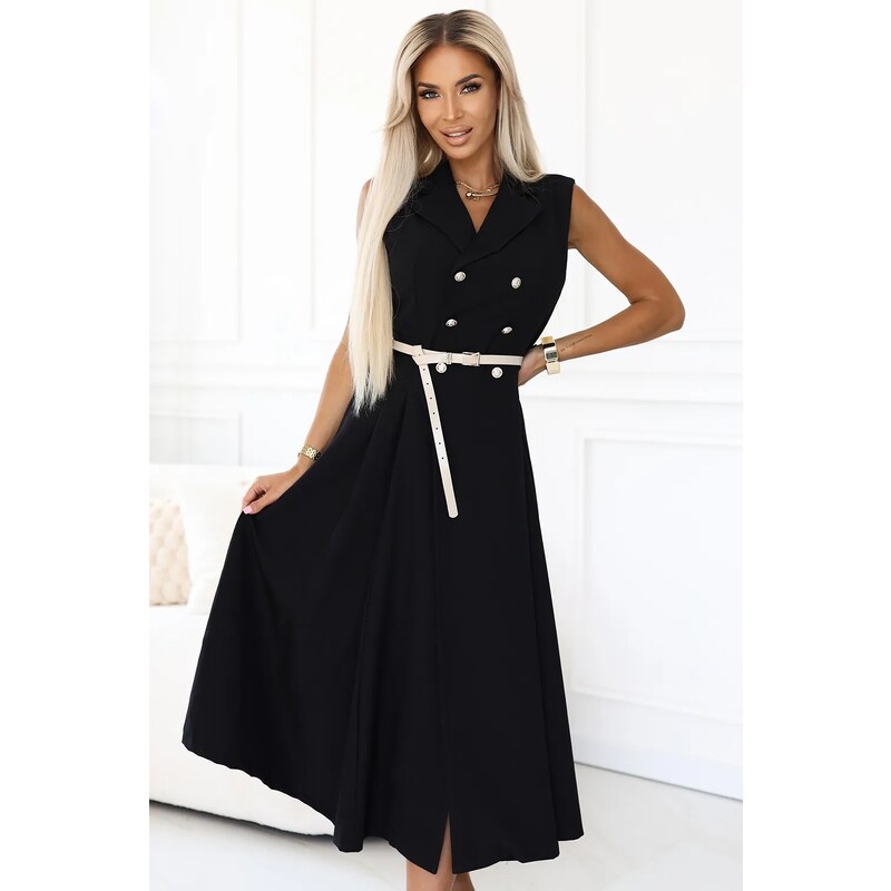 numoco basic Elegantná midi košeľa so zlatými gombíkmi a opaskom - 65125369