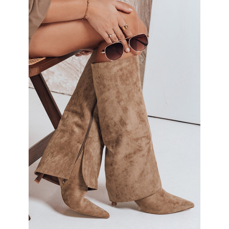 BASIC Hnedé dámske semišové čižmy so širokým zvrškom, podpätok 7 cm 65376526