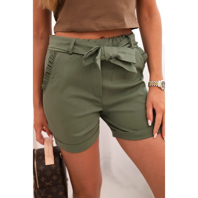 K-Fashion Dámske šortky s mašľou a volánikmi khaki 65551257