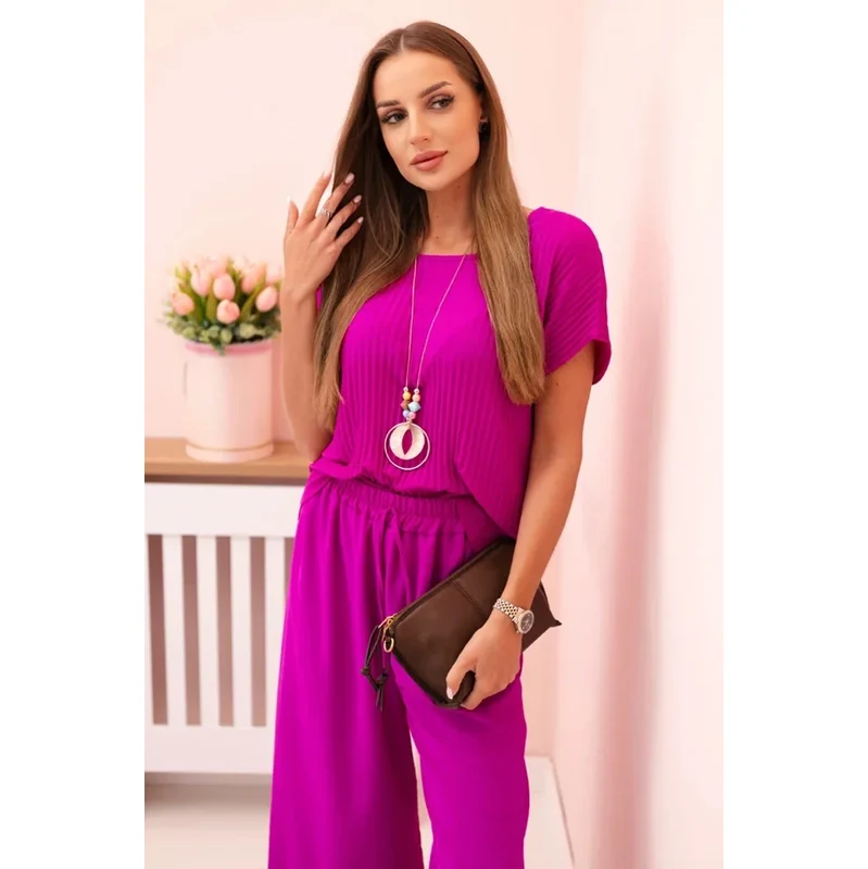 K-Fashion Viskózový set skladaná blúzka + nohavice tmavo fialová 67681867