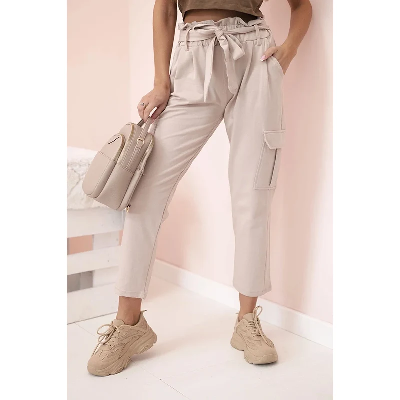 K-Fashion Dámske cargo nohavice s vysokým pásom béžovej farby 65720142