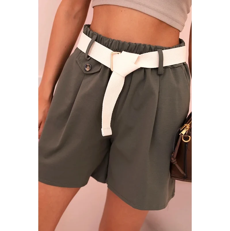 K-Fashion Dámske šortky s vysokým pásom a opaskom khaki 65552674