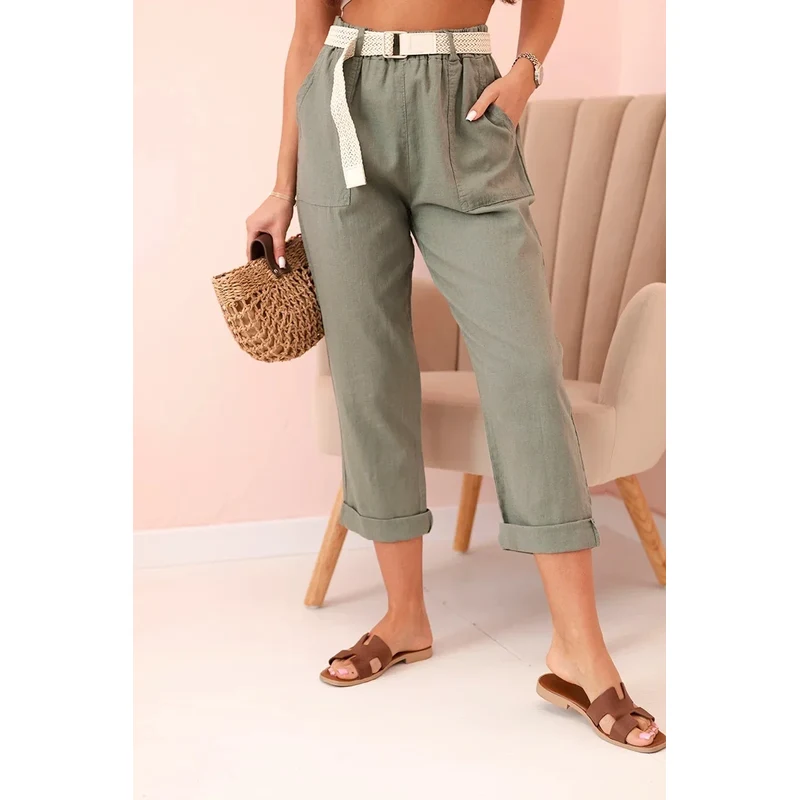 K-Fashion Dámske ľanové nohavice s bavlneným a khaki opaskom 65553467