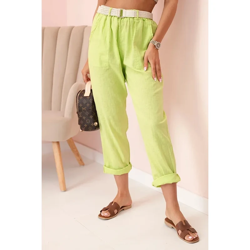 K-Fashion Dámske ľanové nohavice s bavlnou a opaskom svetlozelenej 65553470