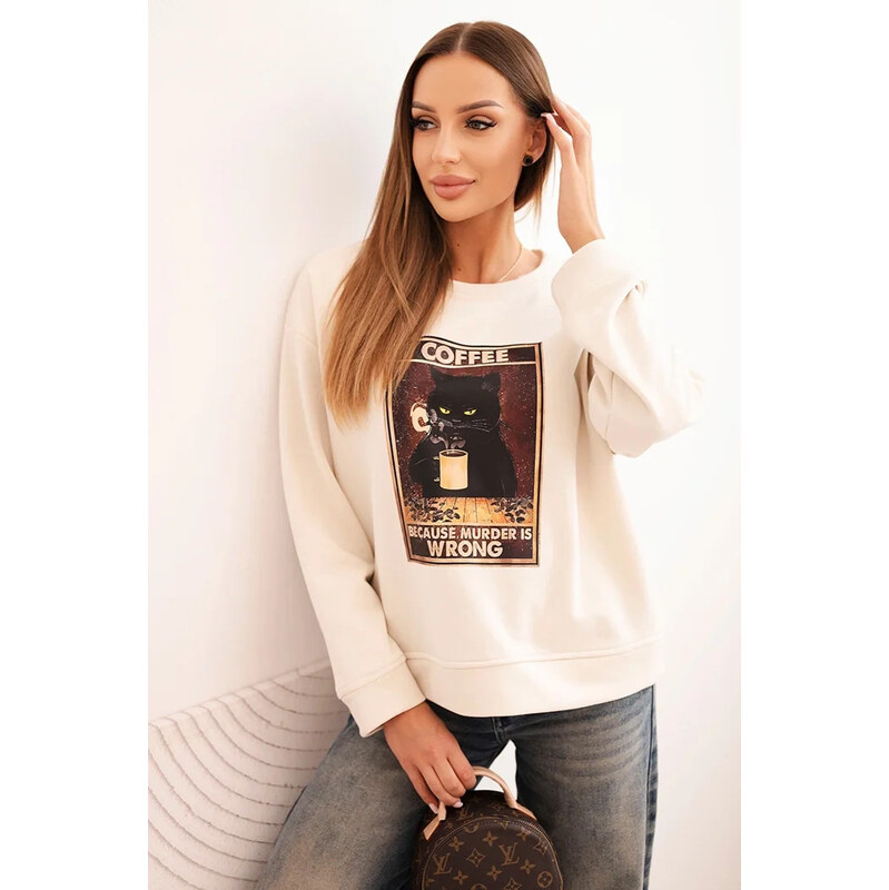 K-Fashion Dámska bavlnená mikina s potlačou mačky a nápisom svetlo 65555012