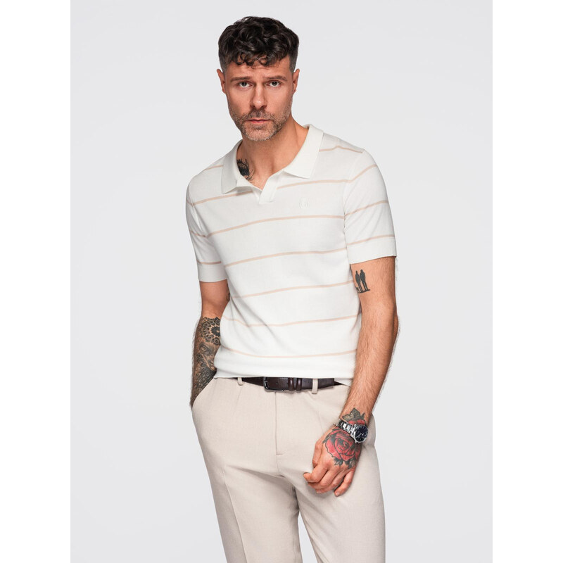 Ombre Mens horizontal striped viscose polo shirt - white and beige 64791139