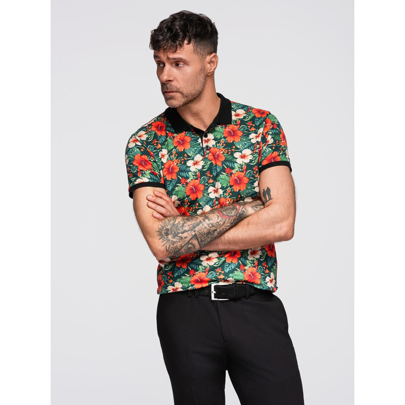 Ombre Cotton polo shirt with floral print - black 64793440