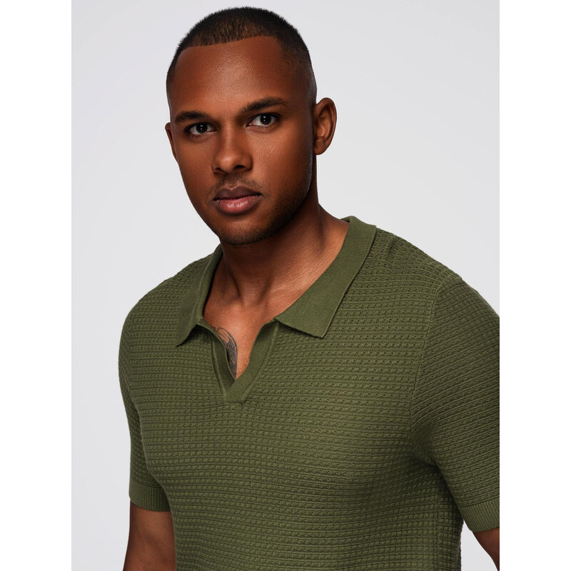 Ombre Mens knitted unbuttoned polo shirt - olive 64794242