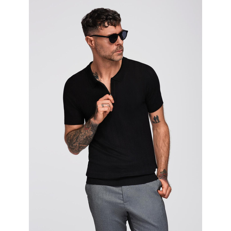 Ombre Mens openwork polo shirt with zipper at neckline - black 64794311