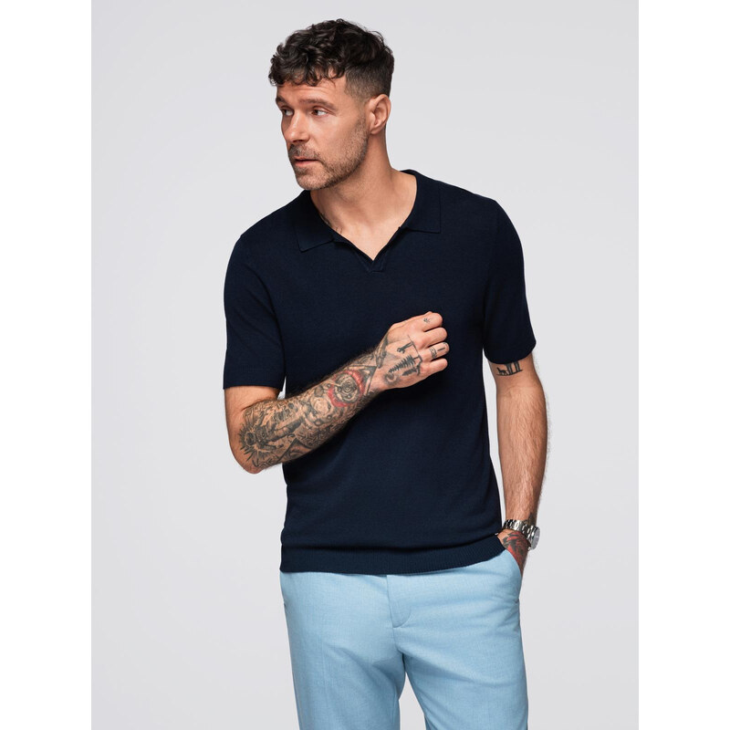 Ombre Mens buttonless polo shirt with classic weave - navy blue 64794310