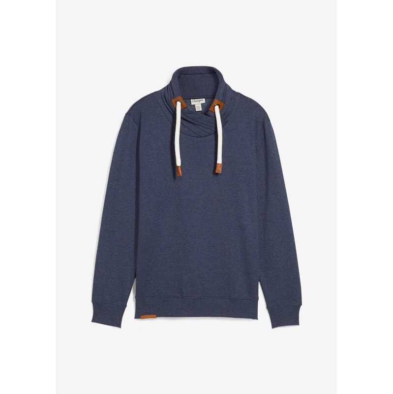 bonprix Mikina so šálovým golierom, koženkové detaily, farba modrá 65386688