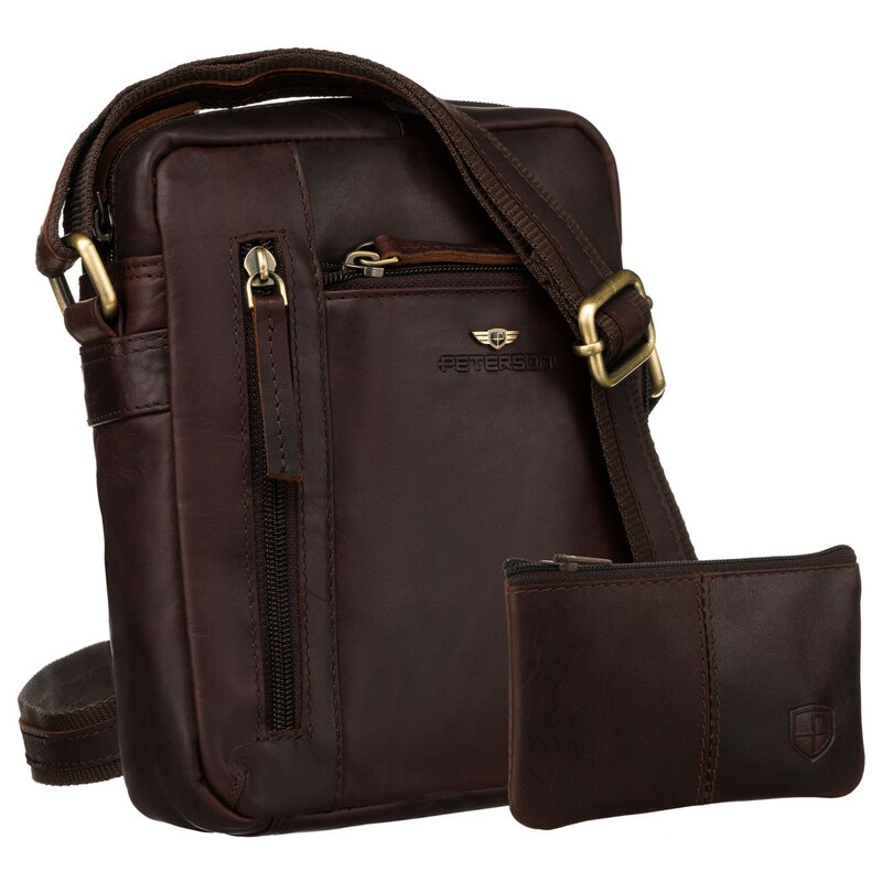 Hnedá pánska kožená crossbody taška Peterson + kožené puzdro na kľúče 65387077