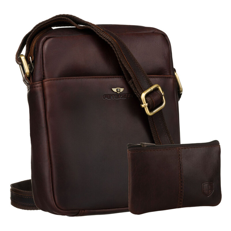 Hnedá pánska kožená taška na rameno Peterson + kožené puzdro na kľúče 65387087
