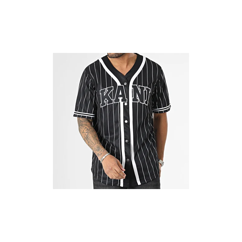 Karl Kani Serif Pinstripe Baseball Shirt Black/White - Pánske - Tričko 66357361