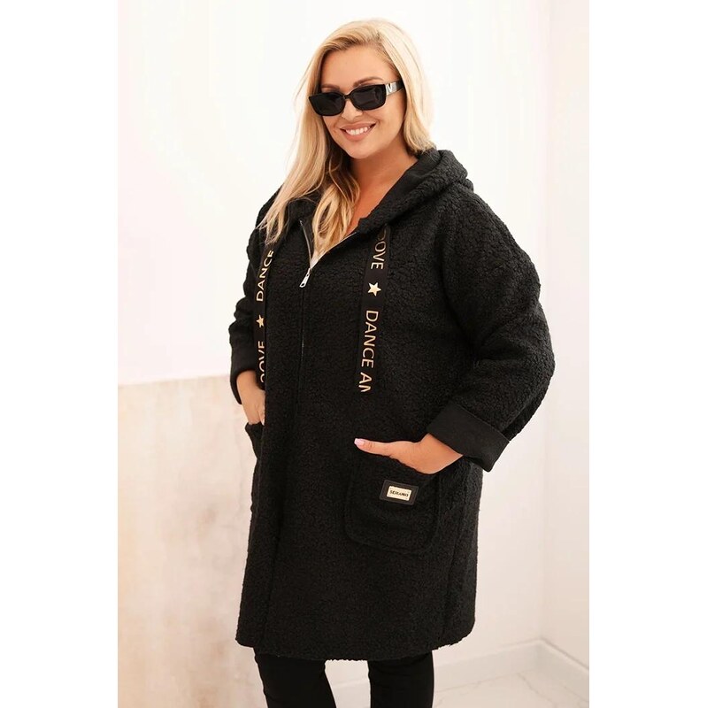 MladaModa Dlhá bunda z umelého baránka s kapucňou model 5275 čierna 65871512