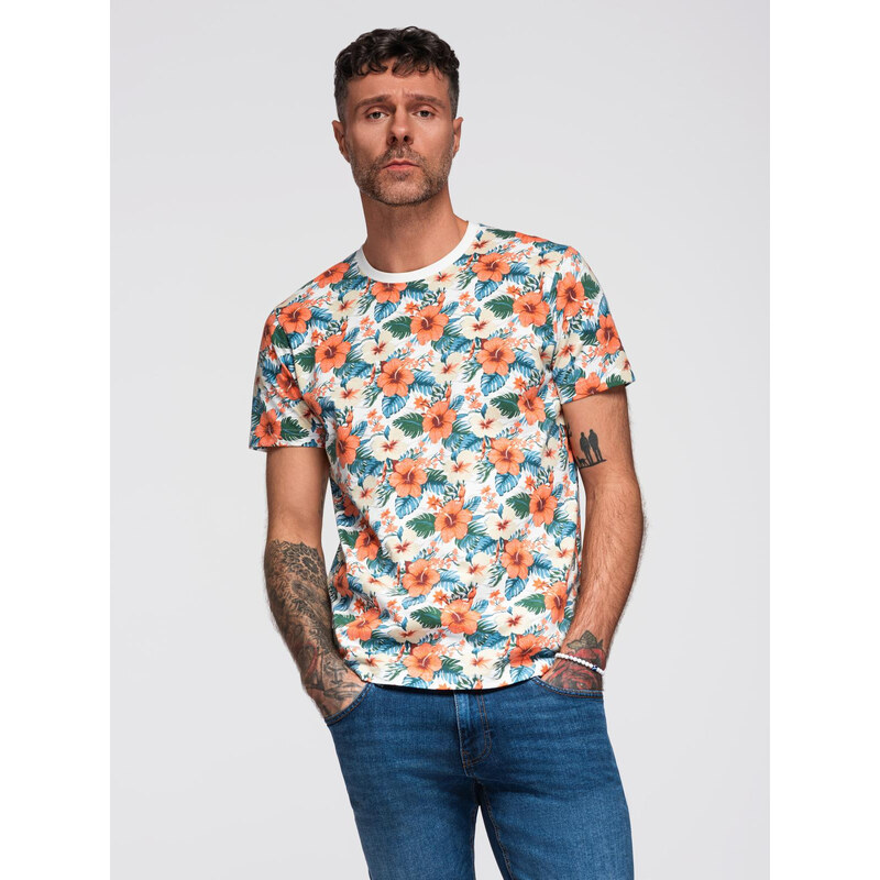 Ombre Mens cotton t-shirt with floral full print pattern - white 64793431