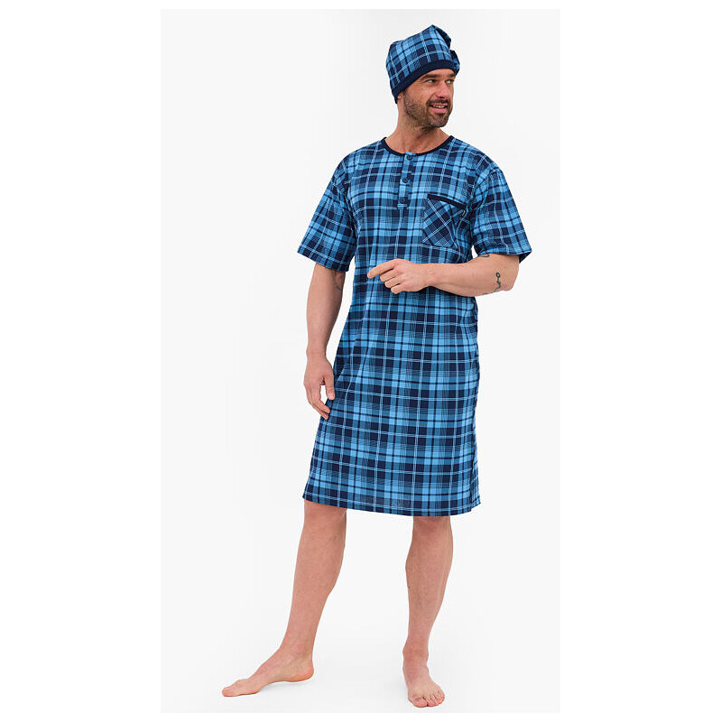 Cornette Pánska nočná košeľa a nočná čiapka Alex modré káro 65476920