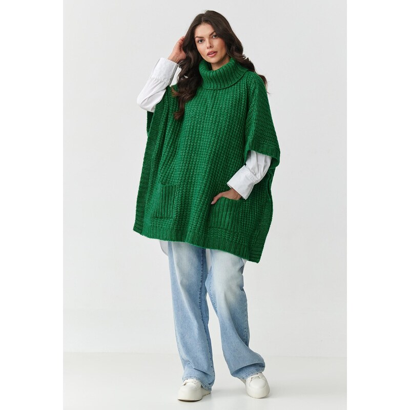 Makadamia Dámsky sveter pončo s rolákom a vreckami | zelená S160 65412229