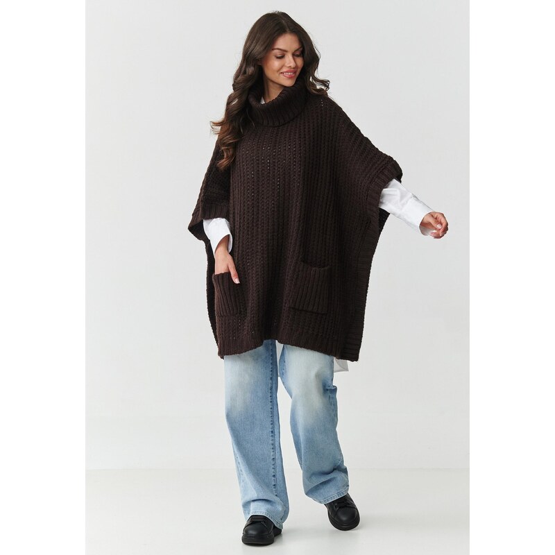 Makadamia Dámsky sveter pončo s rolákom a vreckami | tmavohnedá S160 65412230