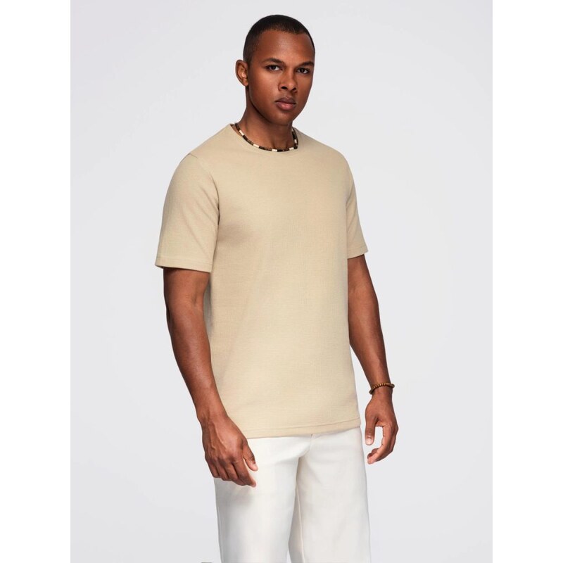 Ombre Clothing Úpletové pieskové pánske tričko V2 TSCT-0197 65421218