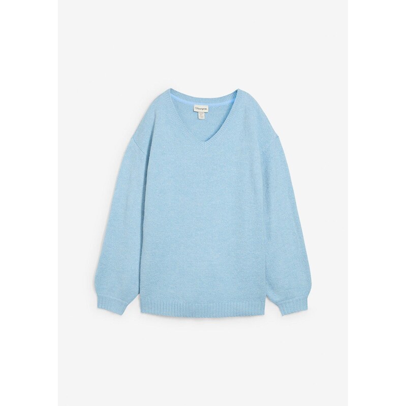 bonprix Jemne pletený pulóver s balónovými rukávmi, farba modrá 65431865