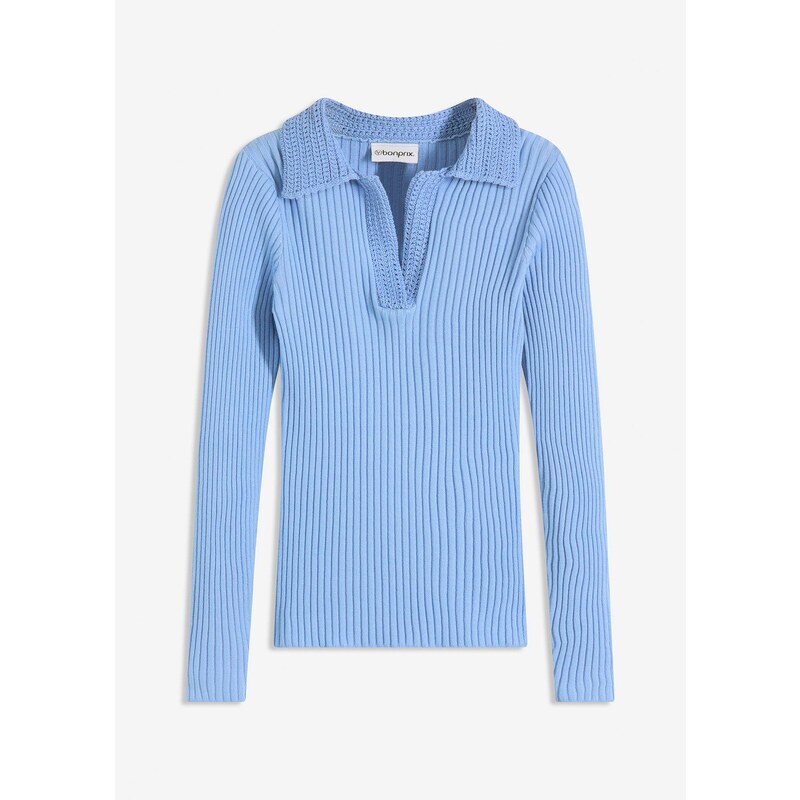 bonprix Jemne pletený pulóver s ozdobným golierom, farba modrá 65199060