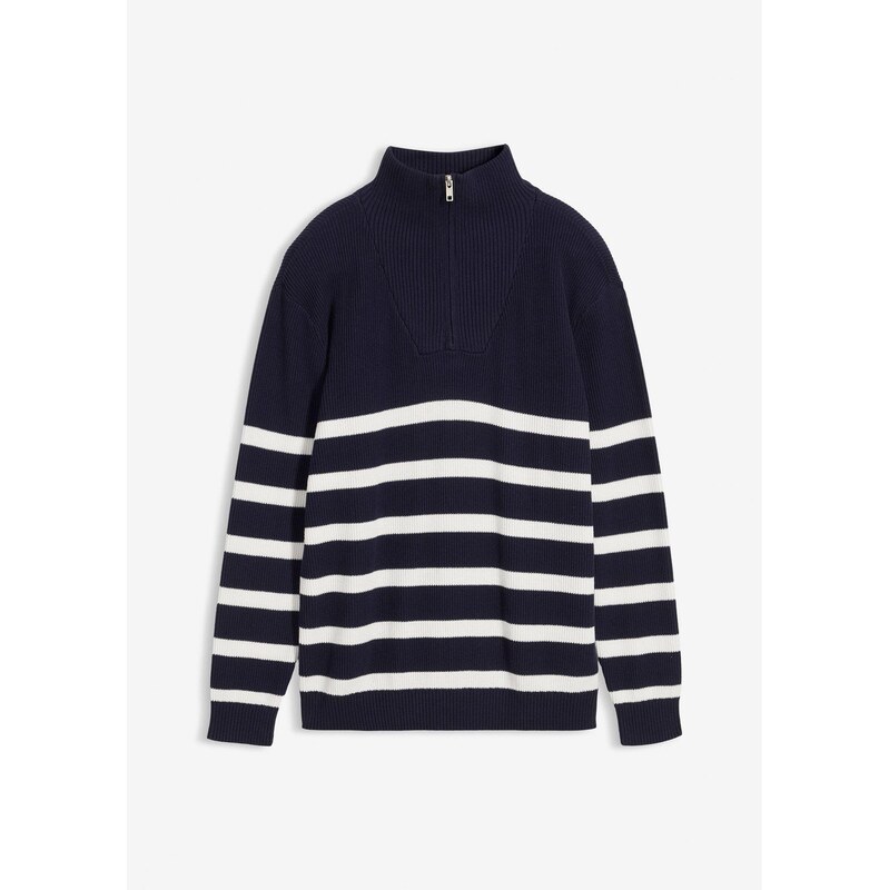 bonprix Pulóver s golierom na zapínanie, z čistej bavlny, farba modrá 65432040