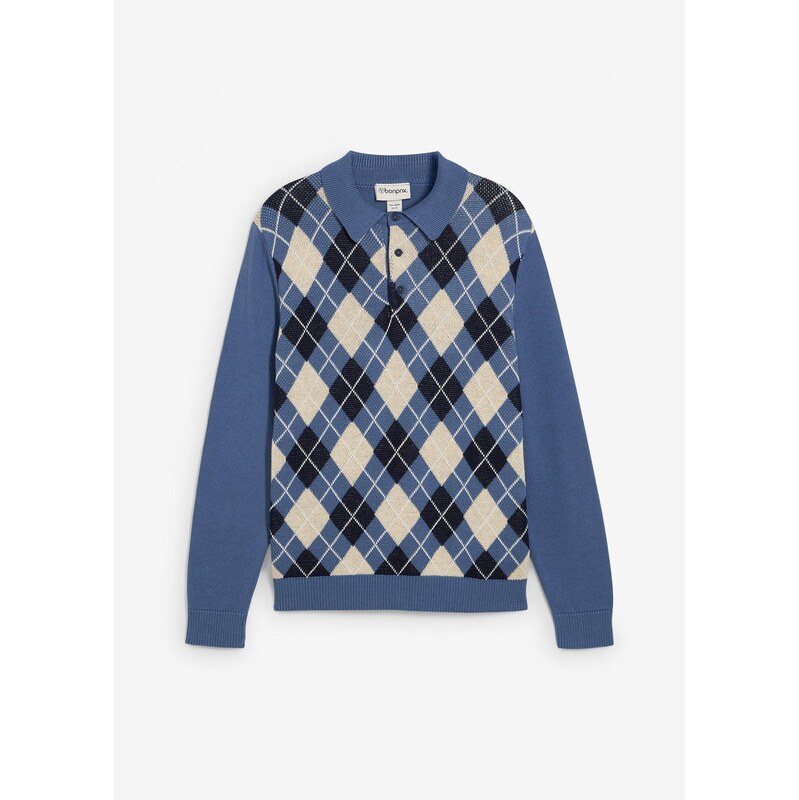 bonprix Polo pulóver so vzorom z čistej bavlny, farba modrá 65432164