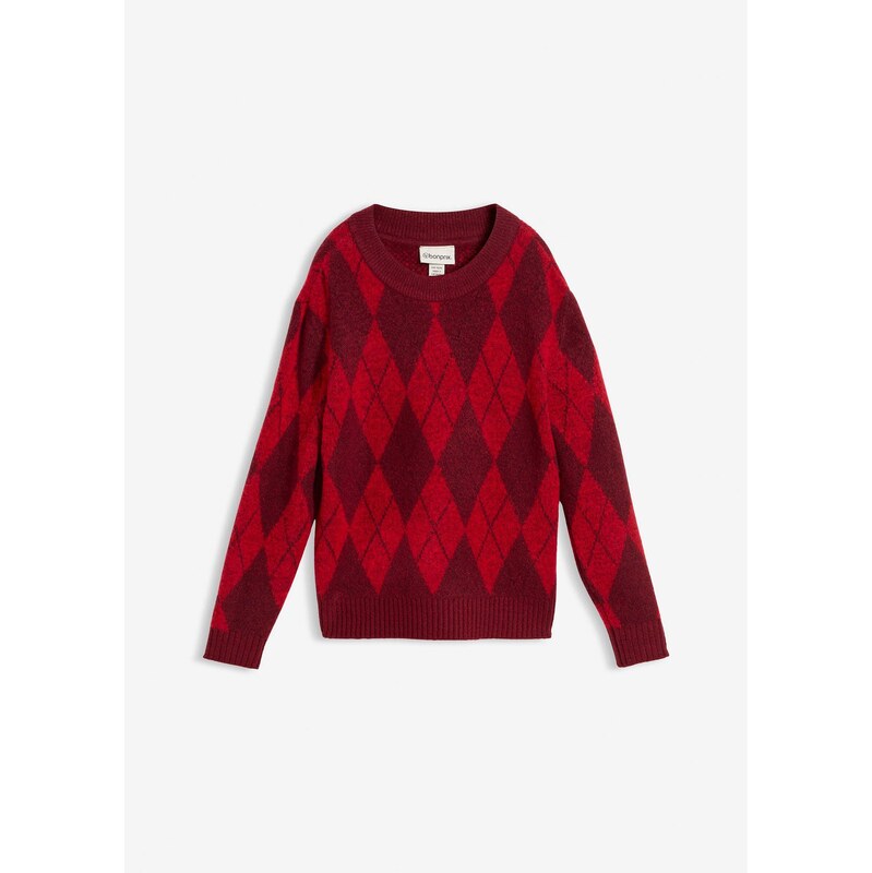 bonprix Jemne pletený pulóver s károvaným vzorom, farba červená 65432239