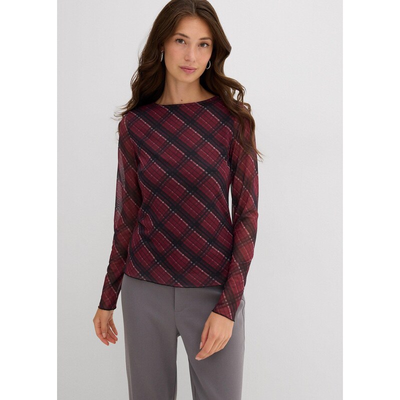 bonprix Tričko s dlhým rukávom z jemnej sieťoviny, farba červená 65431838