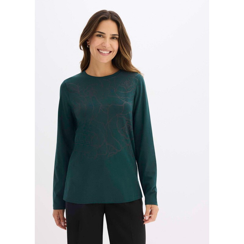 bonprix Tričko s dlhým rukávom s potlačou ruží, farba zelená 65431925