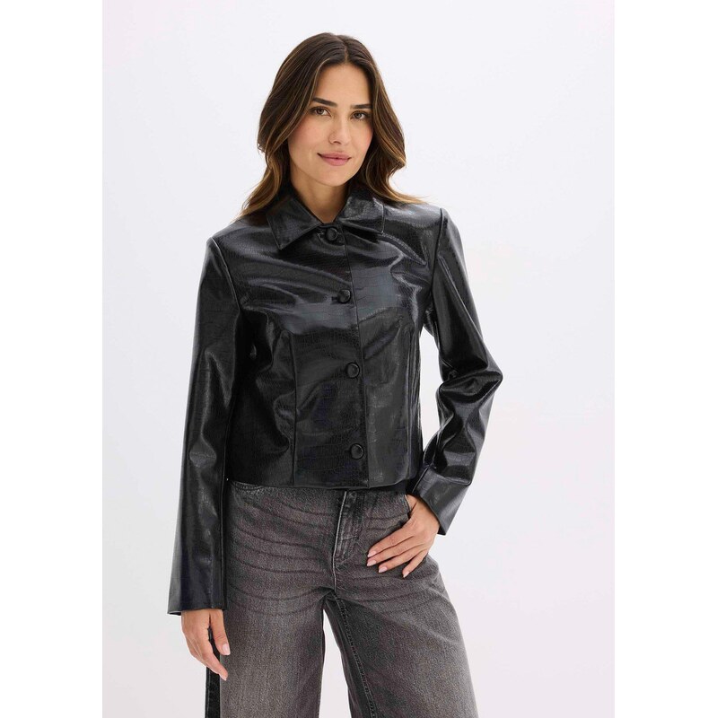bonprix Skrátená koženková bunda s lesklým povrchom, farba čierna 65502723