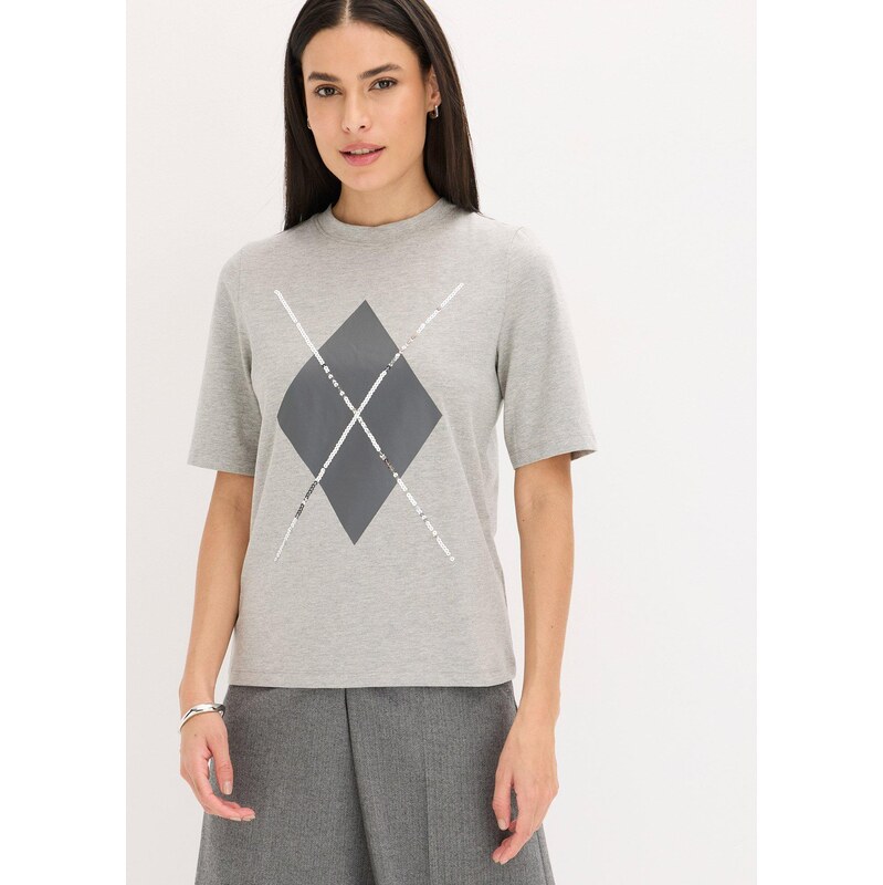 bonprix Tričko s polovičným rukávom, flitrami a potlačou, farba šedá 65432238