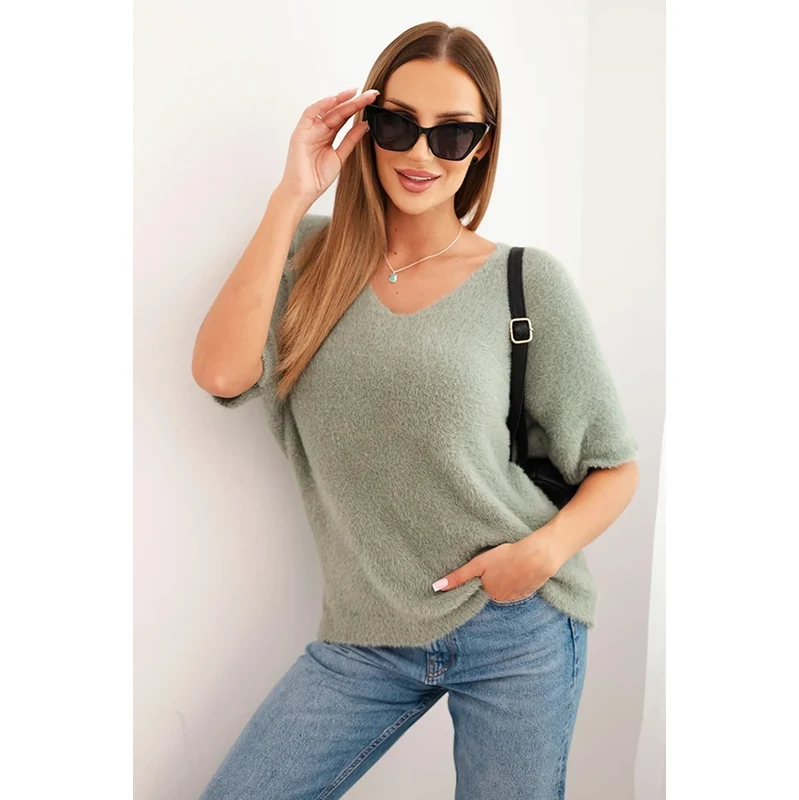 Kesi Włoski Dámsky sveter z mäkkého vlasu s V výstrihom krátky rukáv 65120684