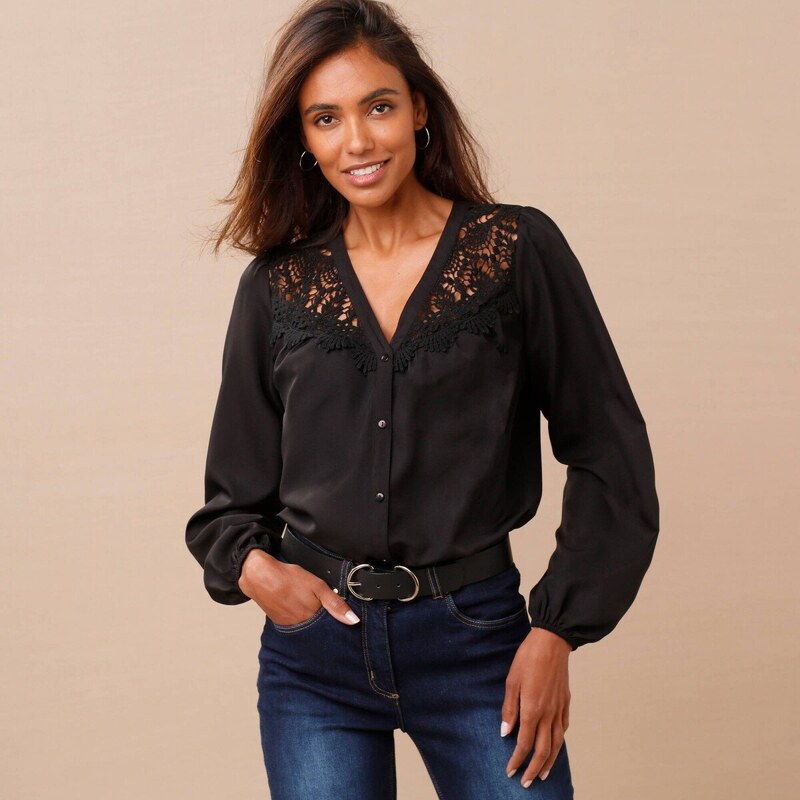 Košeľová blúzka s macramé čierna 042 Blancheporte 58166450