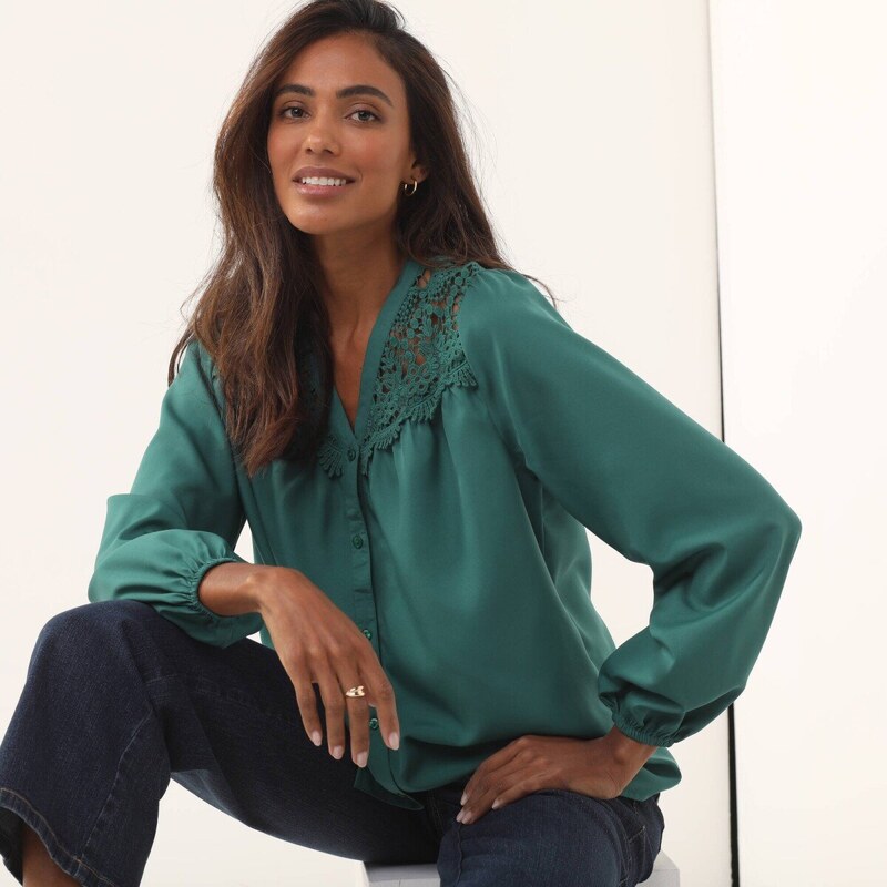 Košeľová blúzka s macramé zelená 046 Blancheporte 58166447