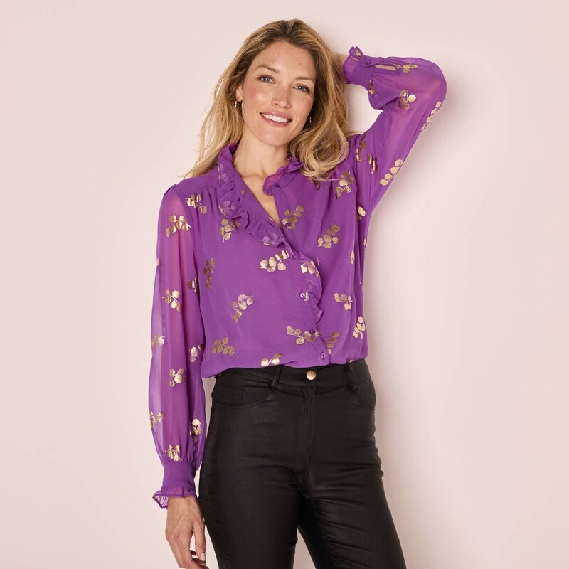 Blúzka s volánikmi a zlatistou potlačou fialová 042 Blancheporte 58166504