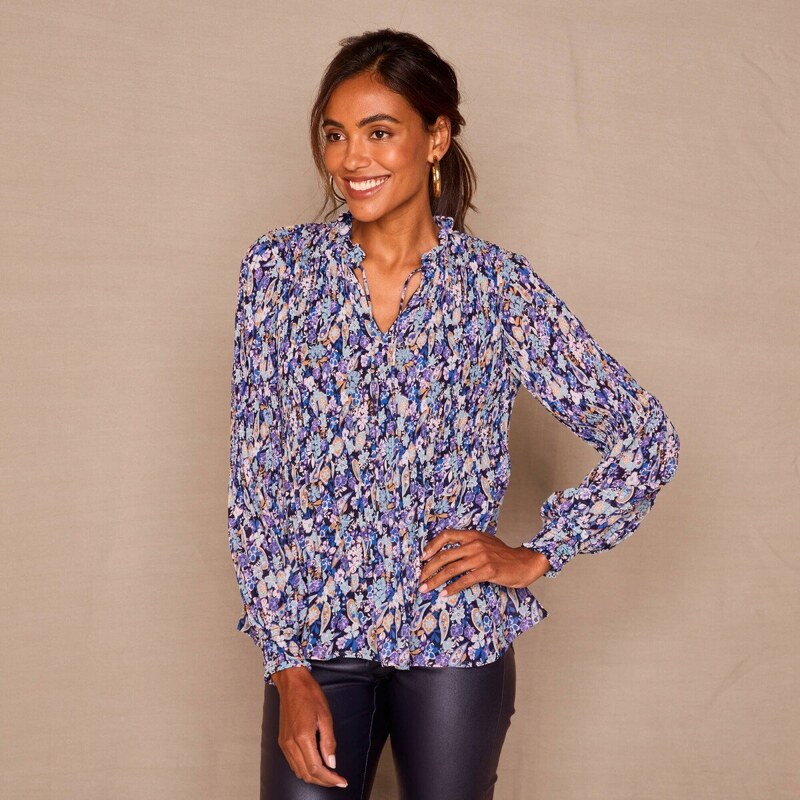 Plisovaná blúzka z voálu s potlačou kvetín nám.modrá/modrá 036 58166456