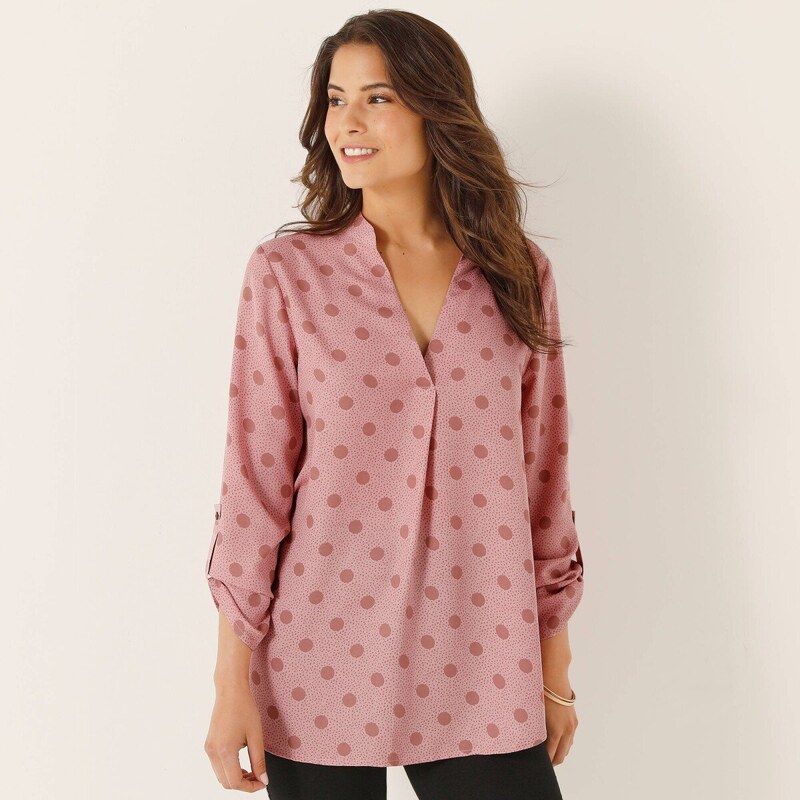 Dlhá krepová blúzka s bodkovanou potlačou ružová/hnedosivá 058 65217762