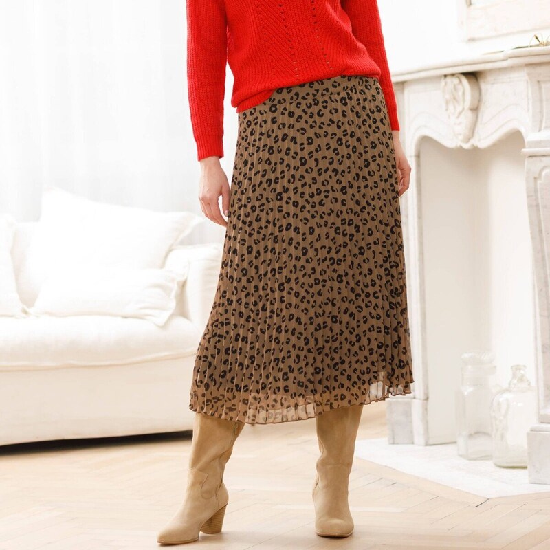 Plisovaná midi sukňa s leoparďou potlačou hnedosivá/čierna 054 65218581