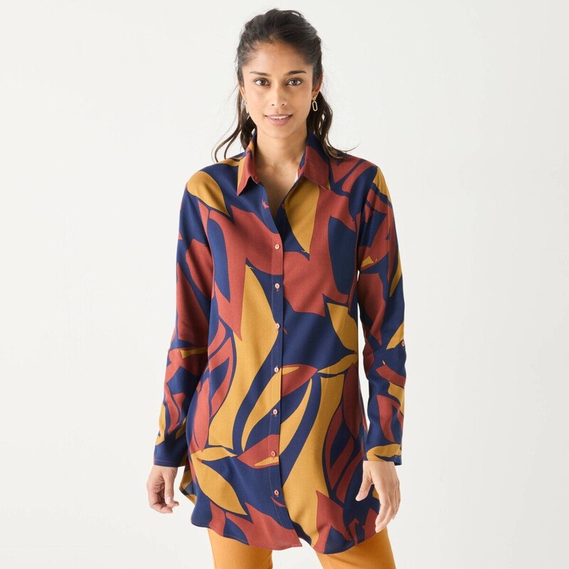 Tunika s grafickým vzorom a gombíkmi nám. modrá/kari 052 Blancheporte 65218626