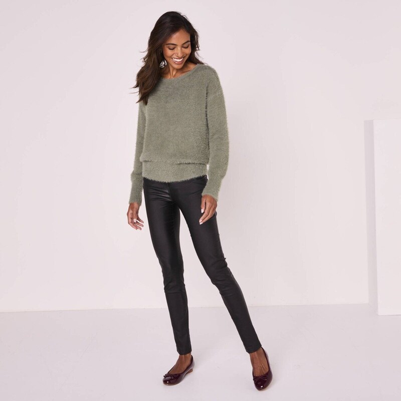 Pulóver z úpletu s predĺženým vláknom a čipkou na chrbte khaki 040 58166502